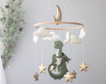 Dragon nursery baby mobile, Baby boy mobile, Felt hanging toy, Fantasy baby nursery, Golden moon and stars, Baby shower gift