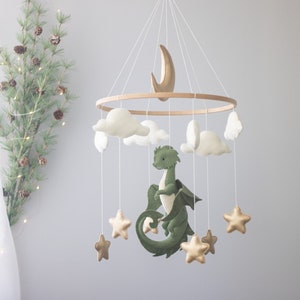 Dragon nursery baby mobile, Baby boy mobile, Felt hanging toy, Fantasy baby nursery, Golden moon and stars, Baby shower gift