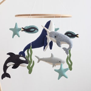 Ocean nursery baby mobile, Big blue whale crib mobile, Narwal, Orca, Shark cot neutral mobile, sea fish star felt mobile,new parents gift