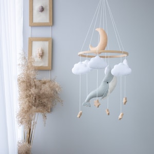 Whale and Moon Baby Mobile, Whale nursery Mobile,Star Pastel Ocean mobile,Nautical Decor,Crib Neutral Boho accessories, Unique Baby Gift image 1