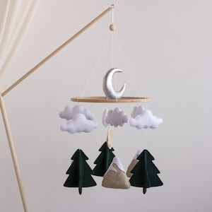 Mountain nursery baby mobile-Woodland Neutral crib Mobile-Green Tree mobile- Felt hanging mobile-Grey moon and white cloud-Baby Shower Gift-