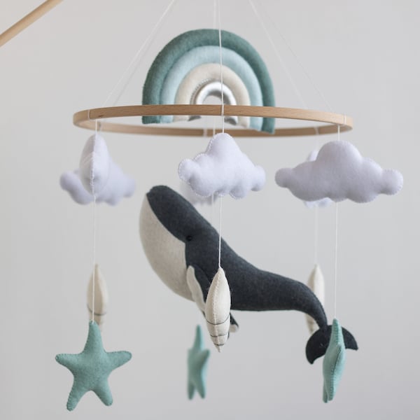 Ocean nursery baby mobile-Whale baby mobile-Under the sea mobile-Felt hanging baby mobile boy, Rainbow and cloud mobile.Baby Shower Gift-