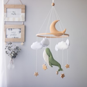 Whale and Moon Baby Mobile, Whale nursery Mobile,Blue Ocean mobile,Nautical Decor,Crib Neutral Boho accessories, Unique Baby Gift image 1