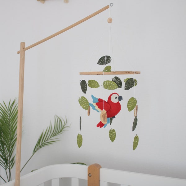 Parrot neutral nursery mobile. Hanging felt  baby mobile. Crib safari decor. Tropical bird mobile. Cute new baby gift. Pregnancy present.