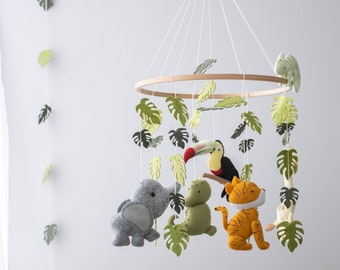 Jungle baby nursery mobile, Safari animal crib mobile, Africa felt hanging neutral decor, Toucan, Elephant, Giraffe