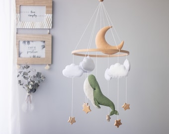 Whale and Moon Baby Mobile, Whale nursery Mobile,Blue Ocean mobile,Nautical Decor,Crib Neutral Boho accessories, Unique Baby Gift