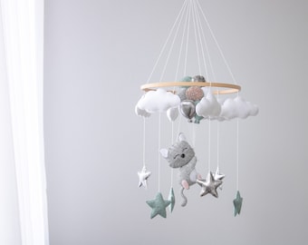 Baby mobile Cat mobile felt nursery mobile balloons and starts eco-friendly toy starts felt hanging crib mobile newborn baby shower gift