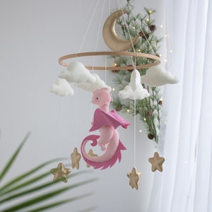 Dragon baby mobile, Baby girl mobile, Felt hanging toy, Fantasy baby nursery, Golden moon and stars, Baby shower gift