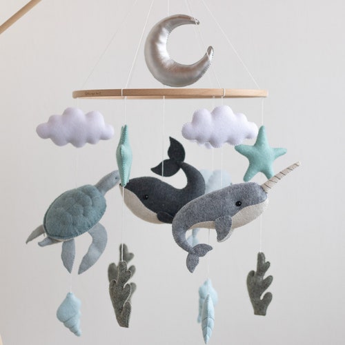 Ocean Nursery Baby Mobile Big Blue Whale Crib Mobile Narwal Etsy