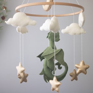 Dragon nursery baby mobile, Baby boy mobile, Felt hanging toy, Fantasy baby nursery, Golden moon and stars, Baby shower gift image 3