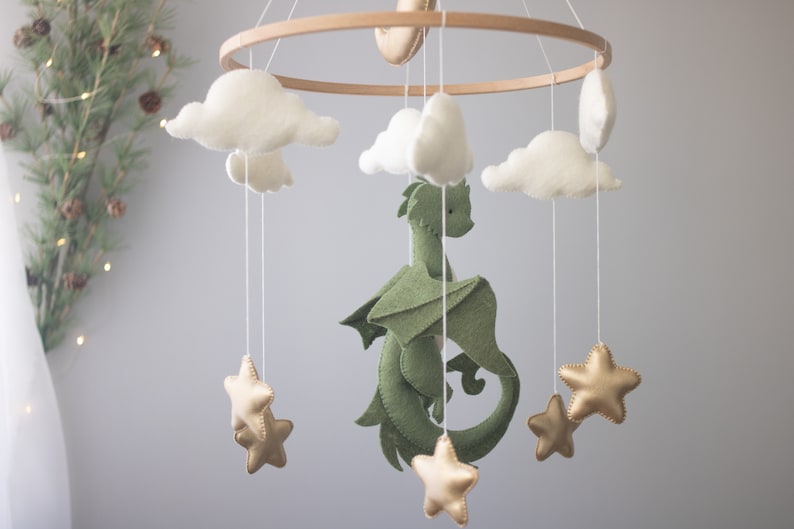 Dragon nursery baby mobile, Baby boy mobile, Felt hanging toy, Fantasy baby nursery, Golden moon and stars, Baby shower gift image 3