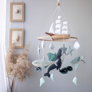 Ocean nursery baby mobile boy,Personalized Nautical Nursery Mobile,Whale baby mobile,Sea turtle-Shark-Stingray-Ship,Felt sea fish