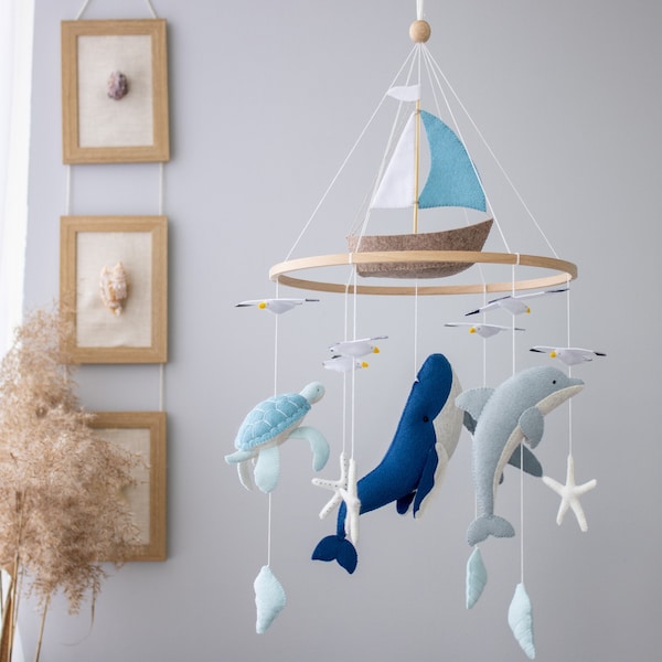 Ocean nursery baby mobile, Sailboat nursery decor, Blue Whale baby boy mobile, Sea life mobile, Felt crib mobile, Under the sea nursery