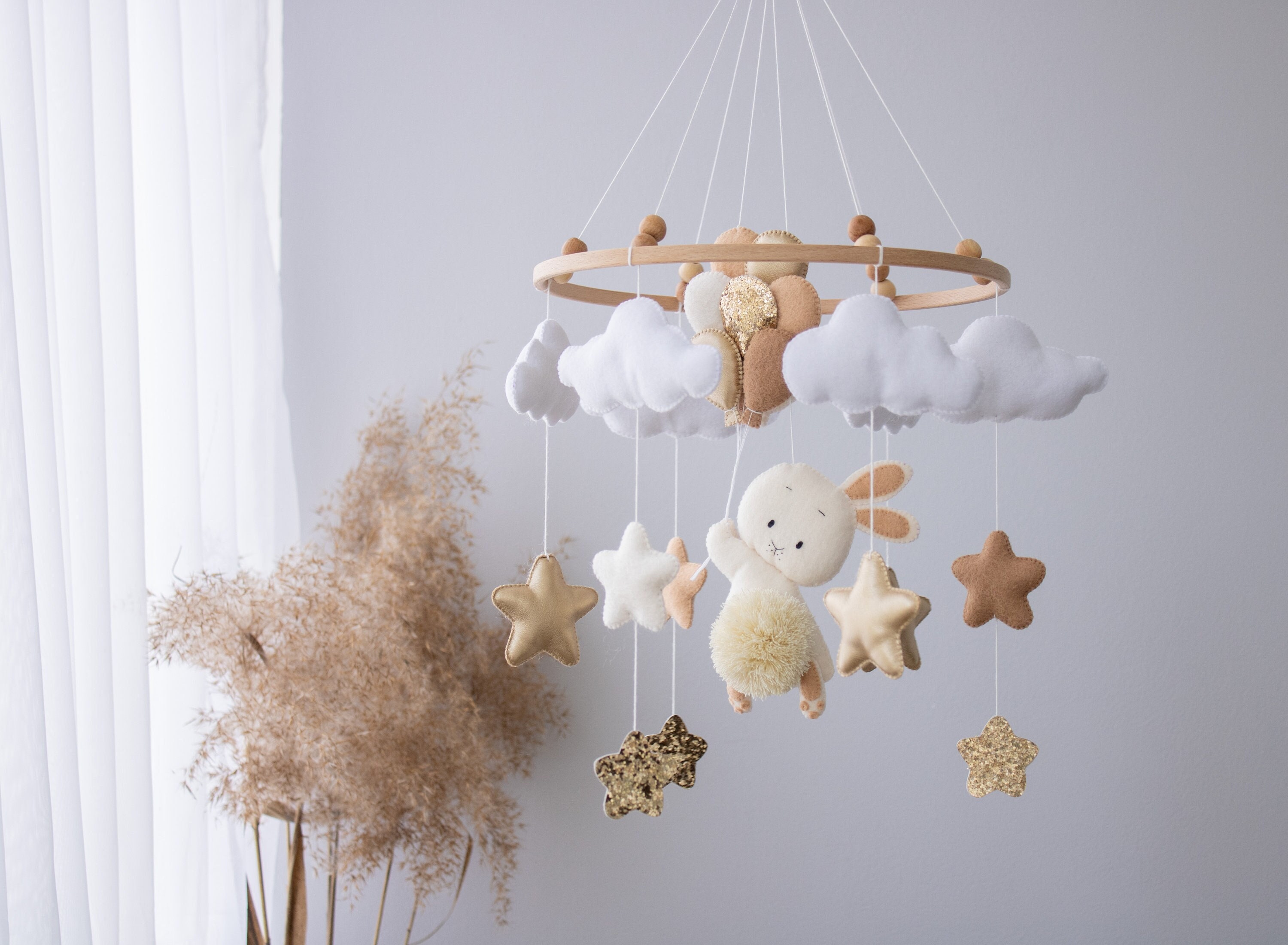 Baby Mobile Bunny, Neutral Nursery Mobile, Balloons & Starts Felt Hanging F Crib Baby Shower Gift