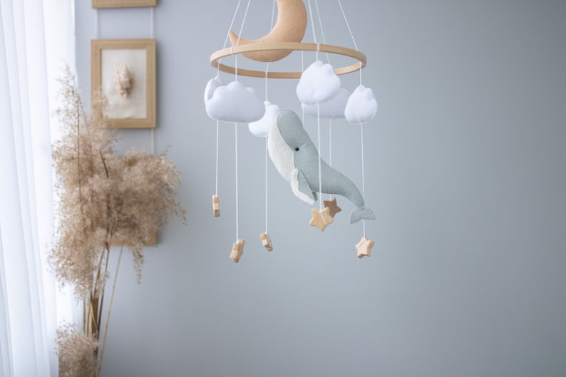 Whale and Moon Baby Mobile, Whale nursery Mobile,Star Pastel Ocean mobile,Nautical Decor,Crib Neutral Boho accessories, Unique Baby Gift image 6