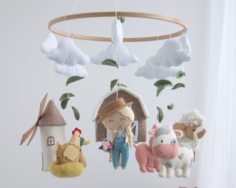 Farm baby mobile, Big farm animals crib mobile, Baby girl cot mobile, Farm house, windmill, sheep, pig,dog,cow,chicken,duck hanging felt toy