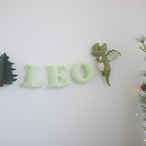 Felt Dragon Name Banner, Felt letters nursery name sign, Dragon Baby Name Bunting, Green Baby Name Garland, Fairy nursery decor