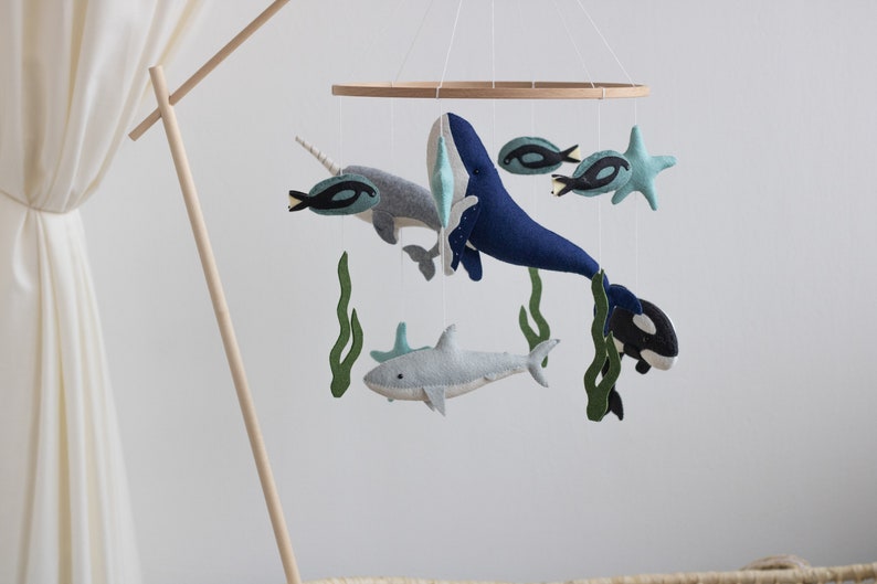 Ocean Nursery Baby Mobile Big Blue Whale Crib Mobile Narwal Etsy