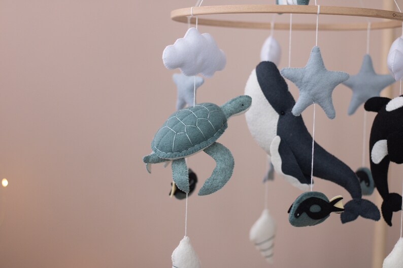 Ocean nursery baby mobile, Whale baby mobile, Neutral crib mobile, Sea turtle, Orca, Sea life, Rainbow and cloud, Unique baby gift image 7