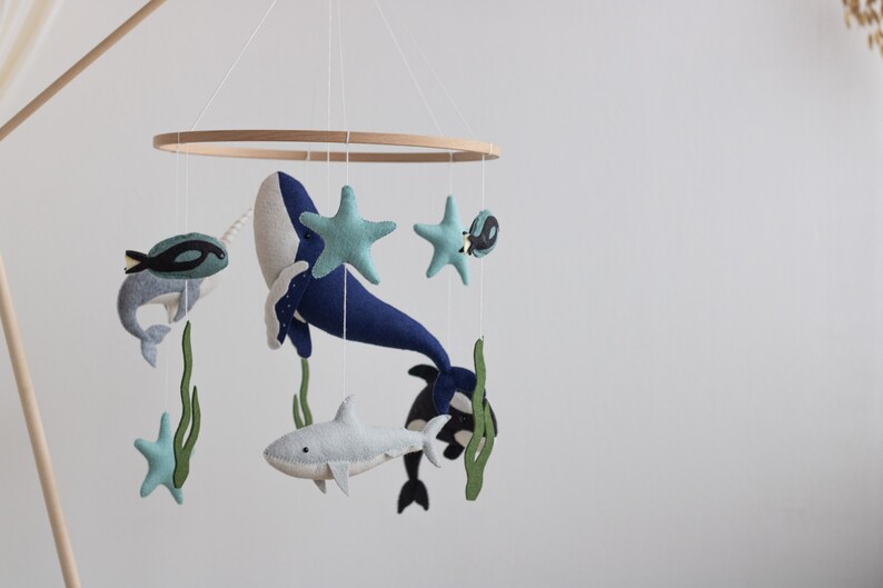 Ocean Nursery Baby Mobile Big Blue Whale Crib Mobile Narwal Etsy