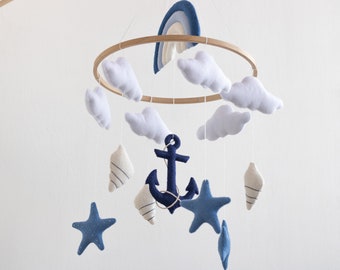 Ocean nursery baby mobile-Under the sea mobile-Blue Anchor-Felt hanging baby mobile boy- Rainbow and cloud mobile-Baby Shower Gift-