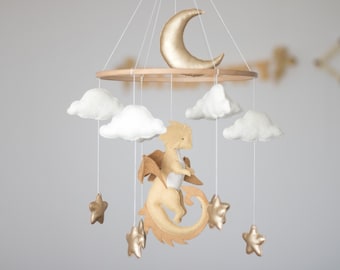 Brown Dragon nursery baby mobile, Nautral baby mobile, Felt hanging toy, Fantasy baby nursery, Golden moon and stars, Baby shower gift