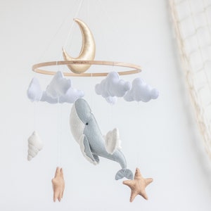 Crib baby mobile ocean, Boho Whale hanging cot mobile, Pastel nursery decor, Gold moon and white cloud,Baby girl mobile, newborn gift idea