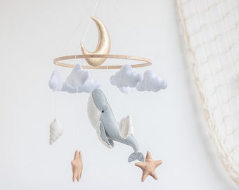 Crib baby mobile ocean, Boho Whale hanging cot mobile, Pastel nursery decor, Gold moon and white cloud,Baby girl mobile, newborn gift idea