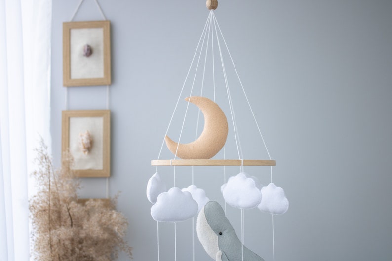 Whale and Moon Baby Mobile, Whale nursery Mobile,Star Pastel Ocean mobile,Nautical Decor,Crib Neutral Boho accessories, Unique Baby Gift image 4