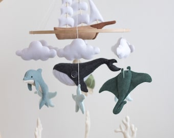 Ocean nursery baby mobile- Sea turtle-Dolphin-Stingray-Ship-Under the sea mobile-Neutral Nursery Mobile-Whale baby mobile-Baby Shower Gift-