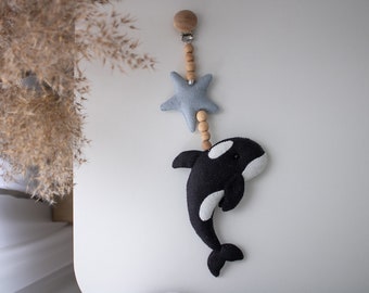 Orca felt stroller toy, killer whale stroller mobile, felt stroller chain, hanging pram toy, pram decor, pram accessory for boy