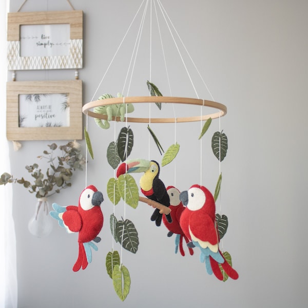 Parrot neutral nursery mobile. Hanging felt  baby mobile. Crib boy decor. Tropical bird mobile. Cute new baby gift. Pregnancy present.Toucan