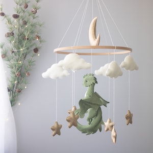 Dragon nursery baby mobile, Baby boy mobile, Felt hanging toy, Fantasy baby nursery, Golden moon and stars, Baby shower gift image 2