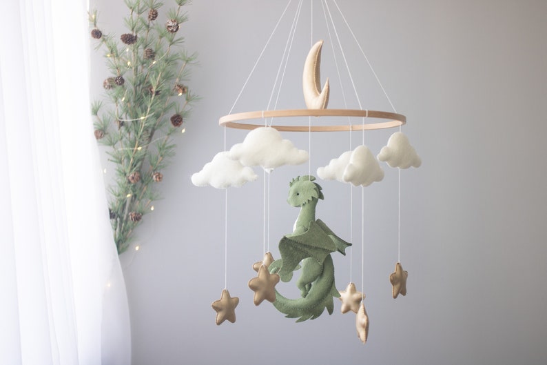 Dragon nursery baby mobile, Baby boy mobile, Felt hanging toy, Fantasy baby nursery, Golden moon and stars, Baby shower gift image 2