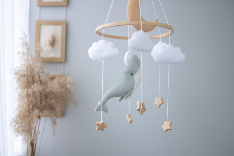 Whale and Moon Baby Mobile, Whale nursery Mobile,Star Pastel Ocean mobile,Nautical Decor,Crib Neutral Boho accessories, Unique Baby Gift image 5