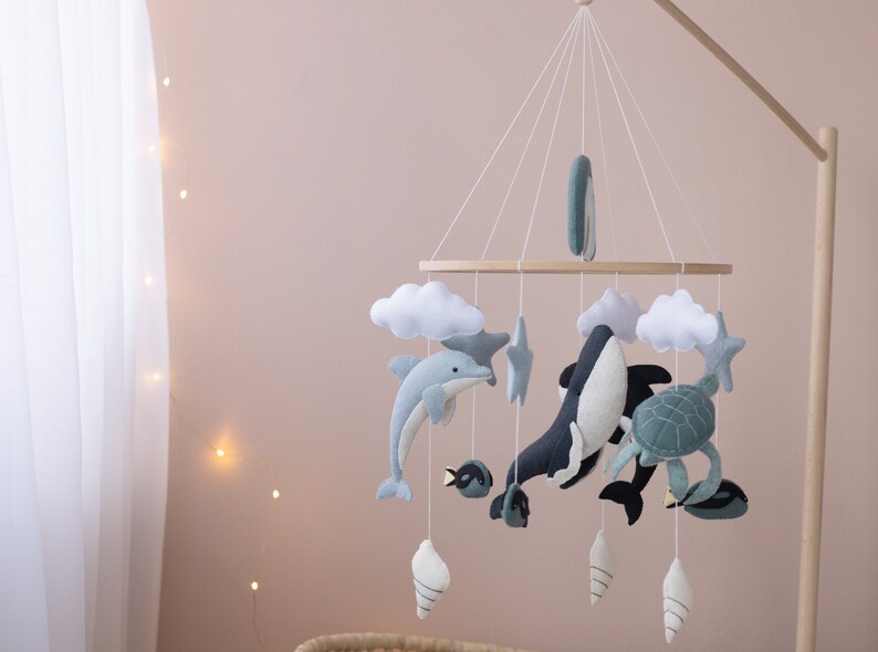 Ocean nursery baby mobile, Whale baby mobile, Neutral crib mobile, Sea turtle, Orca, Sea life, Rainbow and cloud, Unique baby gift image 4