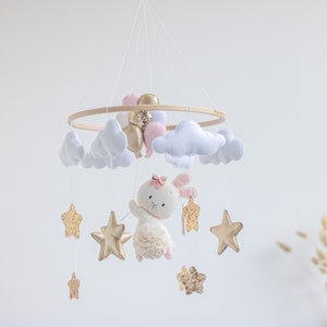 Baby mobile girl bunny pink nursery mobile balloons and starts eco-friendly toy starts felt hanging crib mobile newborn baby shower gift