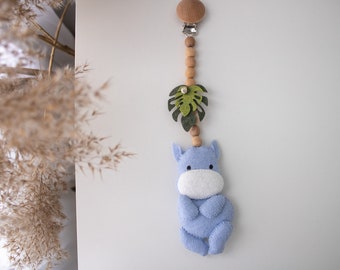 Hippo stroller toy, Felt Safari animal pram chain, Africa sensory stroller mobile, tropical baby car seat accessory, Expecting mom gift.