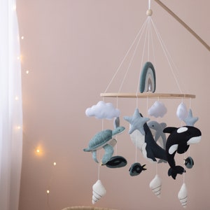 Ocean nursery baby mobile, Whale baby mobile, Neutral crib mobile, Sea turtle, Orca, Sea life, Rainbow and cloud, Unique baby gift image 1