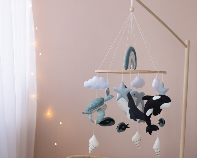 Ocean nursery baby mobile, Whale baby mobile, Neutral crib mobile, Sea turtle, Orca, Sea life, Rainbow and cloud, Unique baby gift image 1