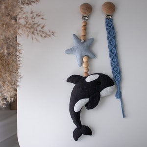 Unique pregnancy gift box for mom to be, Orca stroller toy with macrame pacifier clip, Newborn congratulations basket, Expecting parents