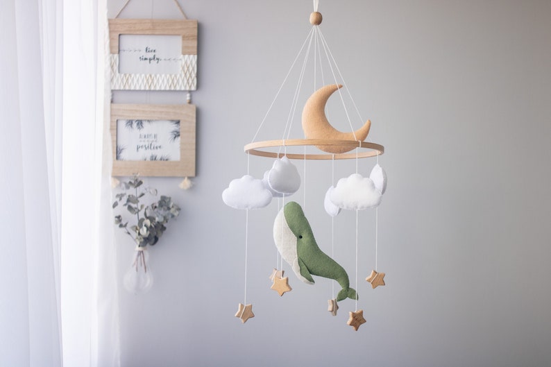 Whale and Moon Baby Mobile, Whale nursery Mobile,Blue Ocean mobile,Nautical Decor,Crib Neutral Boho accessories, Unique Baby Gift image 1