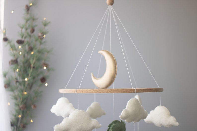 Dragon nursery baby mobile, Baby boy mobile, Felt hanging toy, Fantasy baby nursery, Golden moon and stars, Baby shower gift image 4