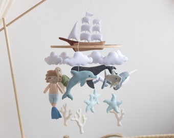 Big Ocean nursery baby mobile-Neutral Nursery Mobile-Sea animals mobile- Whale -Sea turtle-Dolphin-Shark-Ship-Diver-Narwhal