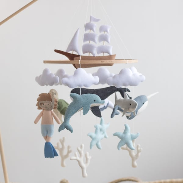 Big Ocean nursery baby mobile-Neutral Nursery Mobile-Sea animals mobile- Whale -Sea turtle-Dolphin-Shark-Ship-Diver-Narwhal