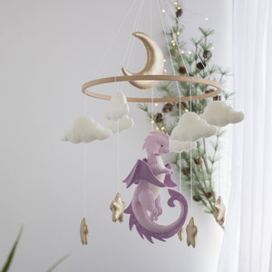 Dragon nursery baby mobile, Purple Baby girl mobile, Felt hanging toy, Fantasy baby nursery, Golden moon and stars, Baby shower gift