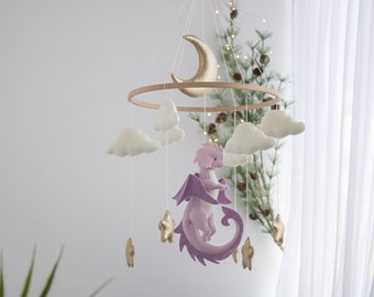 Dragon nursery baby mobile, Purple Baby girl mobile, Felt hanging toy, Fantasy baby nursery, Golden moon and stars, Baby shower gift