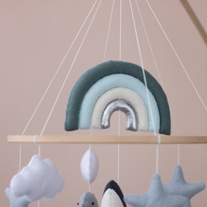 Ocean nursery baby mobile, Whale baby mobile, Neutral crib mobile, Sea turtle, Orca, Sea life, Rainbow and cloud, Unique baby gift image 5