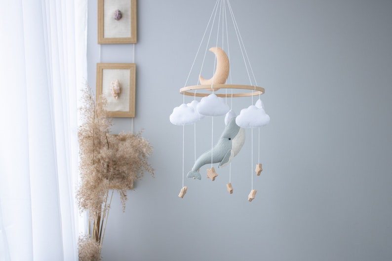 Whale and Moon Baby Mobile, Whale nursery Mobile,Star Pastel Ocean mobile,Nautical Decor,Crib Neutral Boho accessories, Unique Baby Gift image 1