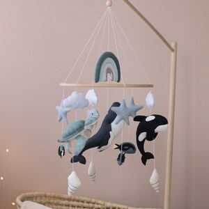 Ocean nursery baby mobile, Whale baby mobile, Neutral crib mobile, Sea turtle, Orca, Sea life, Rainbow and cloud, Unique baby gift image 2